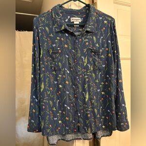 Serengeti Viscose Floral Long Sleeve Button-Up Navy Blouse L —flaws